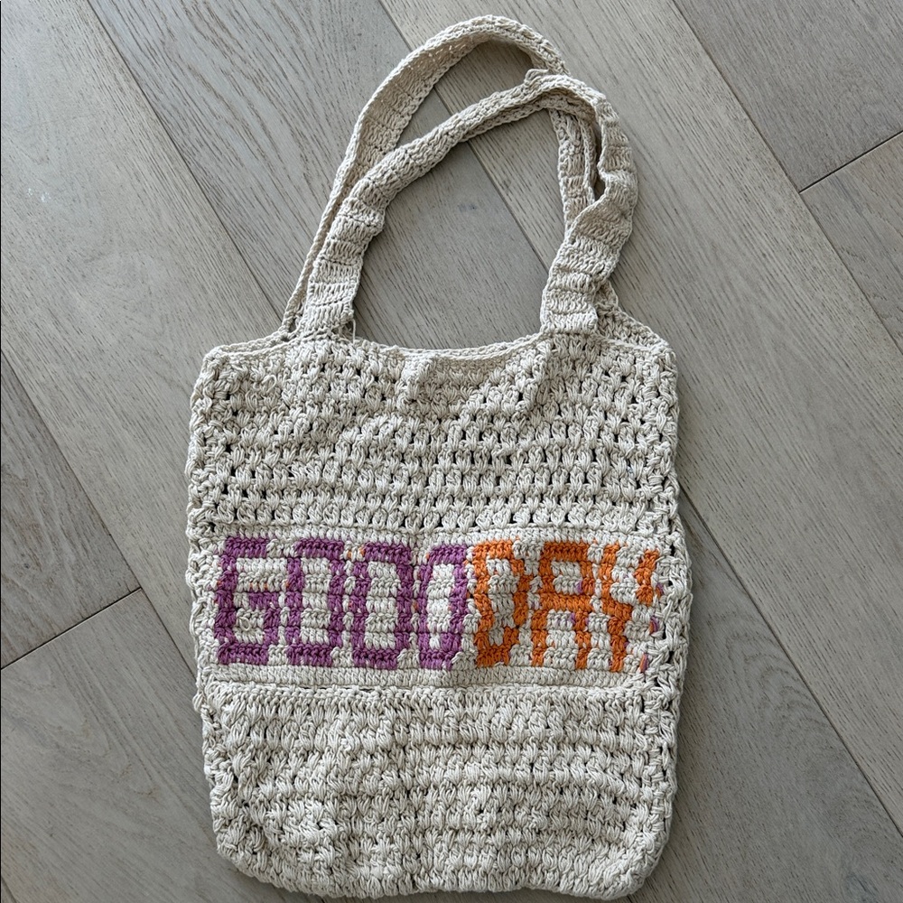 Good Day Crochet Tote Beach Bag - Cream with Purple & Orange Accents